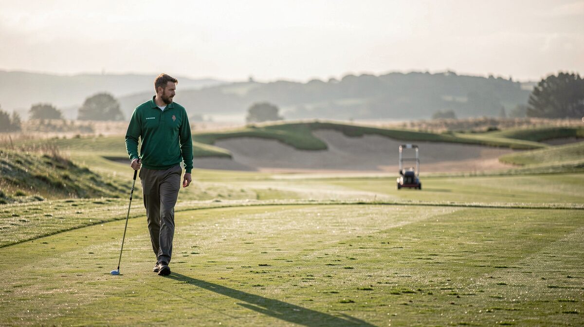 A greenkeeper in a green pullover walks a dew-covered fairway at sunrise, a club in one hand, with revetted bunkers and a parked mower behind him in the mist.